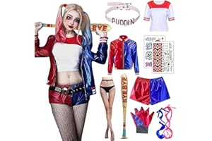 Maryparty Disfraz de Quinn para Niñas Mujer, Disfraz de Cosplay Suicide Squad Halloween Carnaval Camiseta Pantalones Chaqueta y Guante, Guantes, Bate Inflable