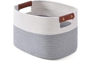 GYBOOM Woven Cotton Rope Storage Basket,Decorative Woven Basket,Decorative Baskets with Detachable Leather Handles for Closet Storage,Woven Baskets For Toy,Blanket,Book Storage (1 pack, White/Grey)