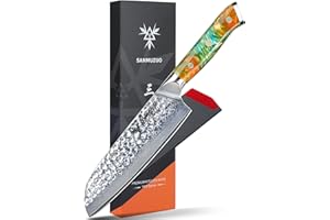 SANMUZUO Couteaux Santoku - Couteau de Chef japonais - lame en acier Damas martelé de 18cm et manche en résine - Série YAO