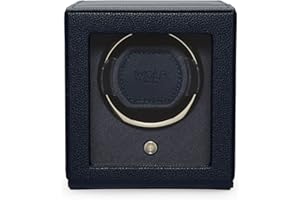 WOLF DESIGNS Wolf Cub 461117 - Automatic Watch Winder for 1 Watch with Glass Cover - Navy Blue Pebble Vegan Leather, Chrome Finished Hardware and Navy Blue Grosgrain Faceplate - Wolf Patented Rotation Technology
