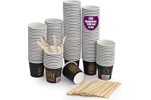GOBETREE 150 gobelets à café jetables 120 ml, gobelets jetables en carton avec agitateurs à café en bois. Pour les boissons chaudes et froides.