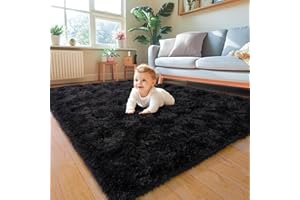 BSGIFT Teppich Schwarz 120x160 Flauschiger Hochflor Teppich Wohnzimmer, Modern Shaggy Langflor Wohnzimmerteppich Bettvorleger High-Pile Carpet rutschfest für Schlafzimmer Kinderzimmer