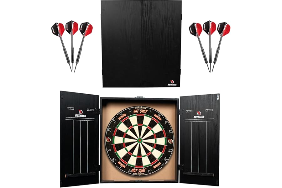 Ruthless Home Darts Centre | LED Light Options | Home Dart Board Centre Including Cabinet, Dartboard and 2 Sets of Darts (USB)