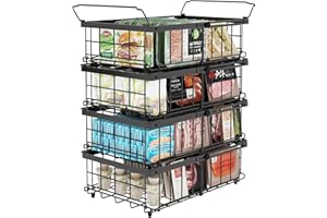 UMDONX 4 Pack Expandable Chest Freezer Basket Organiser Storage Boxes with Foldable Handle, Stackable Wire Containers Kitchen Pantry Shelf Rack, Durable Metal Black