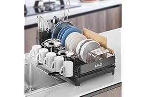 ULG Dish Drying Rack with Drainboard, Countertop Dish Rack, Rustproof Dish Drainer for Kitchen Counter, Draining Rack with Detachable Utensil Holder, Adjustable Swivel Spout Dish Strainers, Black