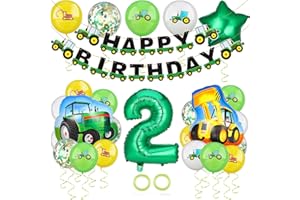 Popuppe Kindergeburtstag Deko, Geburtstagsdeko Jungen 2 Jahre, Kinder Geburtstag Party Dekoration Set Mit Traktor Luftballon,Bagger Luftballon,Happy Birthday Banner