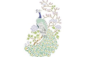 Oriental Peacock Stencil, 21,59 x 33,02 cm (M) - Stencil Company - Stencil originale cinese giapponese asiatico pavone uccello e albero fiorito