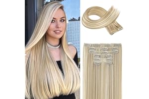 ‎FLUFYMOOZ FLUFYMOOZ 6PC Clip in Hair Extensions, 6-teiliges Clip-in-Haarverlängerungsset, 61 cm, glatt, lang, Extensions für Frauen, synthetisches Haarteil (Blond mit blonden Highlights)