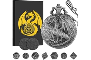 KELLER & WEBER Juego de mini dados DND con caja de reloj de bolsillo Steampunk Dragon, pequeños dados poliédricos de metal D&D, regalos DND con caja de regalo para los amantes de DND, juegos de rol, accesorios de