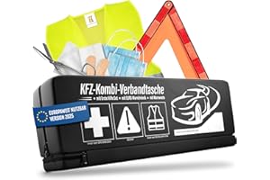 HELDENWERK Set de primeros auxilios 3 en 1 para coche 2025 en toda Europa y probado (conforme a la normativa alemana), bolsa combinada para coche con chaleco reflectante, triángulo de advertencia y