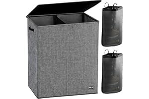 NUCAZA 145L Double Laundry Basket with Lid & Removable Laundry Bags, 2 Compartments Washing Basket for Light & Dark Clothes, Large Laundry Hamper, Collapsible Laundry Bin Storage Basket Grey