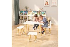 BanaSuper Mesa y Sillas para Niños de Madera Escritorio de Actividades para Niños con 4 Sillas Conjunto de Muebles Infantiles Naturales (Blanco)