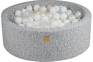 MEOWBABY Piscine À Balles pour Bébé - Rond 90x30cm Piscine a Balle pour Enfant avec 200 Balle, Boucle, Gris Chiné: Blanc/Perle Blanc/Transparent