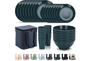 Evanda Plastic Dinnerware Sets 32 Piece Service for 8 with a Portable Oragnizer, Reusable Plates and Bowls Sets include Cups, Bowls, Dishes for Home, Camping, Picnic, Outdoor (Dark Green)