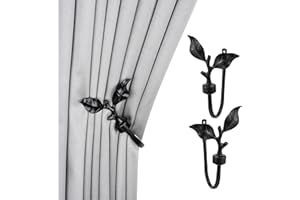 SUQ I OME 1 Pair of Leaf Shaped Curtain Holdbacks Metal Curtain Side Holders for Wall, Antique Brass Curtain Tieback Hook Pull Backs for Drapes Window Home Decoration,Black