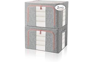 FUSACONY Closet Organizers and Storage, Foldable Oxford Cloth Steel Frame Box,2 Pack,Clear Window & Carry Handles, Waterproof, can Hold Large-capacity Clothes, Bedding, Blankets, Grey (100L)