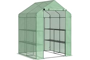 Outsunny Invernadero de Jardín Tipo Caseta Invernadero de Exterior con 2 Niveles 4 Estantes Puerta Enrollable Marco de Acero y Cubierta de PE 140g/㎡ para Cultivos Plantas Macetas 143x138x190 cm Verde