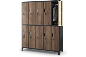 Jan Nowak Armadietto spogliatoio Armadio metallico con 10 Scomparti Fessure di ventilazione Rivestimento in polvere 172 cm x 136 cm x 45 cm (Antracite-Aspetto Legno)