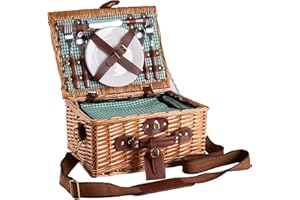 ‎EGENUSS eGenuss Picknickkorb 2 Personen Grün mit Kühlfach & Schultergurt – Picknick Set Naturweide inkl. Teller Gläser Besteck – Picknicktasche 2 Personen Geschenk