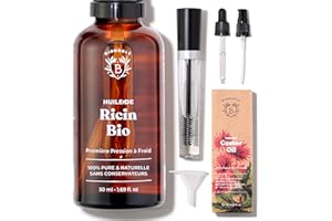 Bionoble Huile de Ricin Bio 50ml - 100% Pure, Naturelle et Pressée à Froid - Cils, Sourcils, Corps, Cheveux, Barbe, Ongles - Vegan Castor Oil - Bouteille en Verre + Pipette + Pompe + Kit Mascara