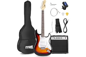 MAX GigKit - kit guitarra electrica para iniciación, amplificador de guitarra eléctrica de 40w, funda de transporte, afinador, cuerdas, palanca tremolo, correa, 2 puas, cable de 3m, Color Sunburst