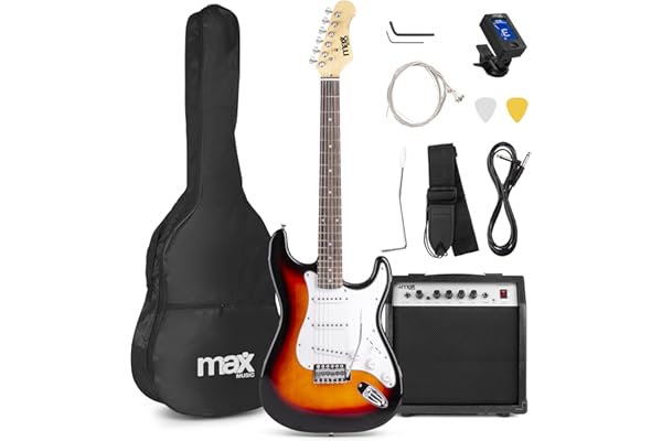 MAX Pack Guitare Électrique GigKit avec Amplificateur 40 Watts - Sunburst, Livré avec de Nombreux Accessoires, une Housse, des Médiators et un Accordeur Numérique, Idéal pour les Débutants
