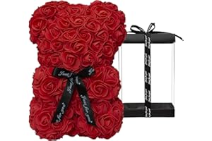 DuHouse Rose Bear Rose Teddy Bear Flower Gift Black Box per San Valentino Anniversario Festa della Mamma Natale, Compleanni Bridal Showers Completamente realizzato a mano 25,5 cm Flower Bear(Rosso)