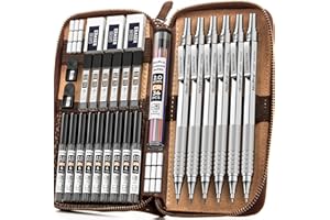 Nicpro 30 Pezzi Matite Meccaniche con Custodia in Pelle, Portamine in Metallo 0,5, 0,7, 0,9 mm, Portamine 2 mm con 16 tubi Ricariche (Colori 6B 4B 2B HB 2H 4H) per Schizzi Disegni Scrittura-Argento