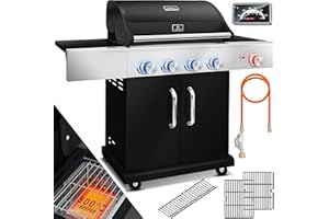 KESSER® Gasgrill mit 4 Brenner + 1x Infrarot Keramik Seitenbrenner & Piezo-Zündung | bis 800°C BBQ Grillwagen aus Edelstahl inkl. Grillrost (66cm) aus Gusseisen, Grillthermometer & Gas-Schlauch