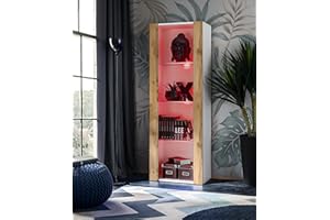 Komodee, Vitrina Tivoli, Wotan Blanco, Ancho 55 cm x Alto 159 cm x Profundidad 35 cm, LED RGB, 3 estantes, para salón, Dormitorio, Pasillo