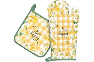 Arquiel Gants De Four & Maniques Lot De 2, 100% Coton Maniques Cuisine Gant Four Anti Chaleur Extra-Longue pour Barbecue, Cuisine, Griller, Micro-Ondes(Marguerite Abeille)