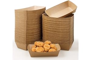 Xaztr 200Pcs Paper Food Trays, Brown Kraft Paper Containers Disposable Food Serving Boats Basket Grease Resistant Hot Dog Trays Paper for Snack Tacos Nachos Fries Corn