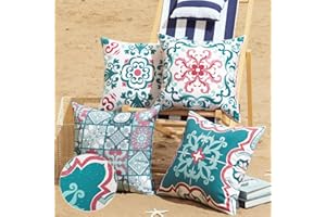 Phantoscope Set of 4 Outdoor Waterproof Throw Pillow Covers, Geometric, Decorative Boho Farmhouse Outdoor Pillows Cushion Case for Home Patio Furniture Tent Sunbrella, Teal/Pink 18x18 Inches
