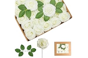 YAYAFUNFUN 25Pcs Roses Artificielles Blanches,En Mousse Faux Roses Avec Tiges, Rose Artificielles Cimetiere,De Faux Ivoire Rose pour Deco Mariage,Décoration d'anniversaire, Saint Valentin,Décoration de Gâteau