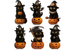 GIGGLEYE Halloween Gartendeko Schwarze Katzen – 6er Set Katzenfiguren mit Hexenhut, Kürbis, Besen & Flügeln, wetterfest & wasserdicht, inkl. Erdspießen, Outdoor Gartenstecker für Hof, Rasen & Partydeko