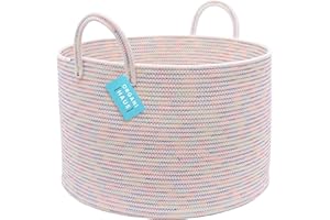 OrganiHaus Paniers Rangement Tissés, Grand Panier Jouets, Panier Bébés Cordes Coton avec Poignées -Panier Rangement Salle de Bain, Panier de Rangement Couvertures, Arc en ciel à Points (50x33cm)