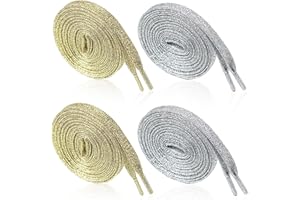 COACOM Lot de 4 paires de lacets scintillants dorés et argentés plats en polyester pour baskets, chaussures en lin, chaussures de sport, pantalons, 110 cm + 130 cm