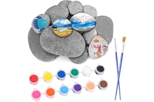 XSHAO® 14 Pcs Galet a Peindre, 3-5 cm/ 4-6 cm/ 5-8 cm Pierres Plates à Peindre avec Ensemble de Peinture Acrylique et Pinceaux Galets Lisses pour Peindre/Plage/Aquarium/Bricolage