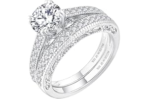 JO WISDOM Juego de anillos de novia para mujer, plata de ley 925, anillo de compromiso con circonita cúbica de 7 mm, 5 A, joyería para mujer