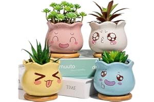 Yangbaga 4 Pcs Pot de Fleur en Céramique avec Plateau en Bambou et Mignons Décor émoticône, Pot de Succulent Jolie Déco pour Maison Etagere Bureau Jardin Salon