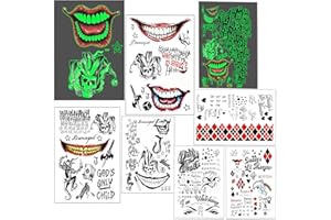 AIDEHUAKEJI 2 Glowing+6 Normal Halloween Temporary Tattoos, Clown Tattoos Temporary Suicide Squad, Clown Face Paint, Prisoner Tattoos, Clown Hand Tattoo