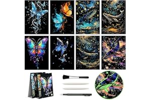AP ARTSPER Glow in The Dark Scratch Art for Kids & Adults, Magic Rainbow Engraving Scraping Painting Scratchboard Paper(A4) Creative Crafts Set: 8 Sheets Scratch Cards with 4 Tools (Whales / Butterflies)