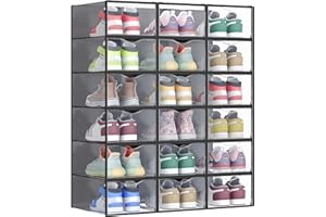 SONGMICS Boîtes à Chaussures, Organisateurs en Plastique, avec Porte, Lot de 18, Empilables, Montage Facile, 33,2 x 23 x 14,5 cm, pour Pointure jusqu'à 43, Transparentes et Noir d'Encre LSP318B01