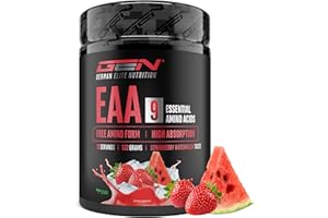 GEN GERMAN ELITE NUTRITION Poudre d’EAA 532 g (38 portions) - Les 9 acides aminés essentiels incl. histidine & BCAA - Formule Human Code - Très bonne solubilité - Boisson d’acides aminés rafraîchissante (Strawberry Watermelon)
