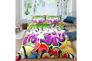 Loussiesd Hippie Graffiti Bettwäsche Set 135x200cm Teenager Hip Hop Stil Betten Set für Kinder Jungen Jugend Graffiti Muster Bettbezug Set Atmungsaktives Straßenkultur Thema Bettwäsche