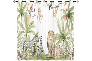 YUANZU African Animal Curtains - Safari Jungle Tropical Lion Zebra Monkeys Parrots Palm Trees Flowers Print Pattern Eyelet Blackout Window Drapes for Kids Nursery Bedroom 2 Panels W117cm x D137cm