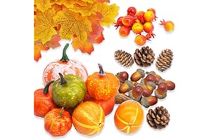 ROLLWAY 96 Pezzi Set di Decorazioni Zucche Autunnali Kit per Decorazioni Autunnali di Halloween Piccole Mini Finte Zucche Decorative Decorazione di Zucche Artificiali Mini Zucche Foglie d'Acero