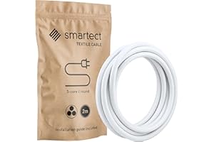 smartect Cavo Elettrico Tessile Bianco, 2 Metri Filo Elettrico Vintage, Tripolare (3 x 0.75mm²) Cavo Elettrico Rivestito in Tessuto per Fai da Te
