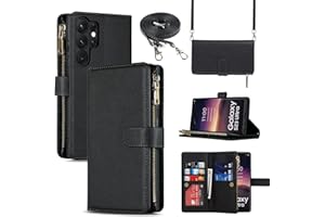 CAVOR Copmob Handykette Samsung S23 Ultra Hülle Mit Band,Handyhülle Samsung S23 Ultra,Flip Leder Geldbörse Hülle,[9 Kartenfach][Magnetisch],Klapphülle Schutzhülle für Samsung Galaxy S23 Ultra - Schwarz