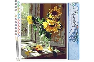 Figured'Art Paint by Numbers for Adults Sunflowers and apple in front of The window 40x50cm - Craft Art Painting DIY Kit Rolled Canvas without frame